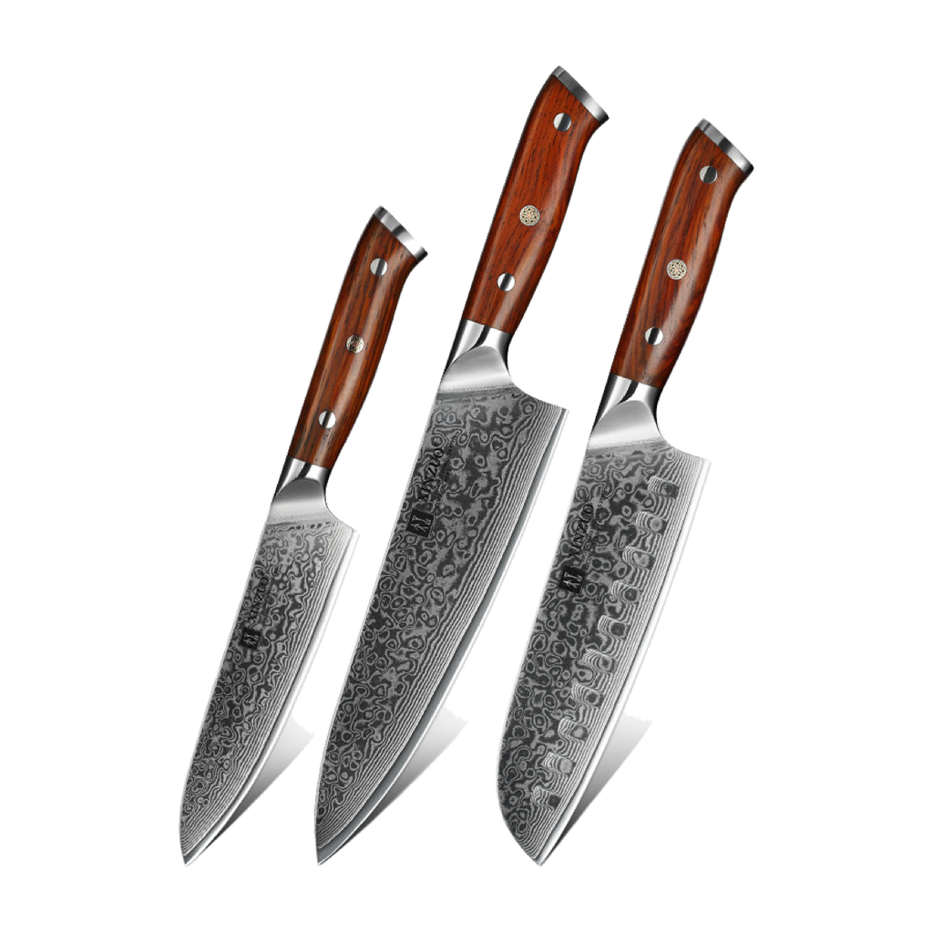 Set 3 cuchillos: Chef, Santoku y Utilitario · Yu Damasco