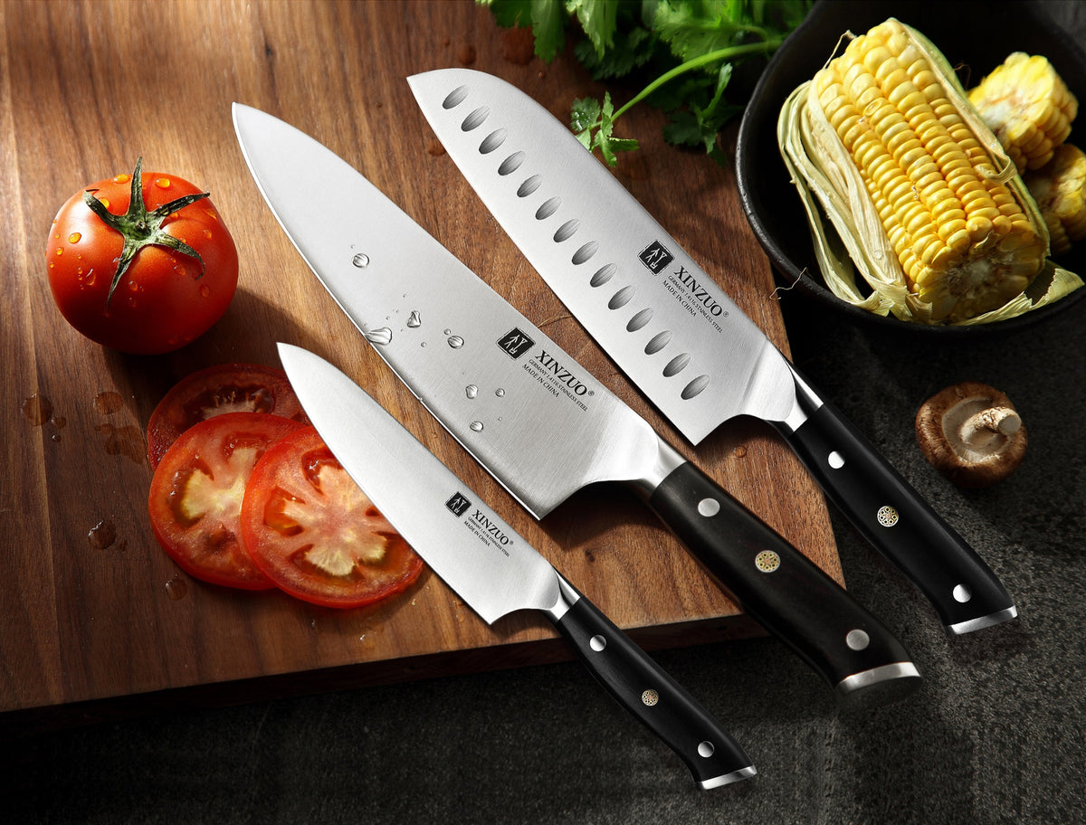 Set 3 cuchillos: Chef, Santoku y Utilitario · Yu Acero Alemán