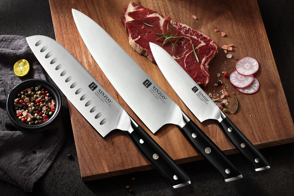Set 3 cuchillos: Chef, Santoku y Utilitario · Yu Acero Alemán