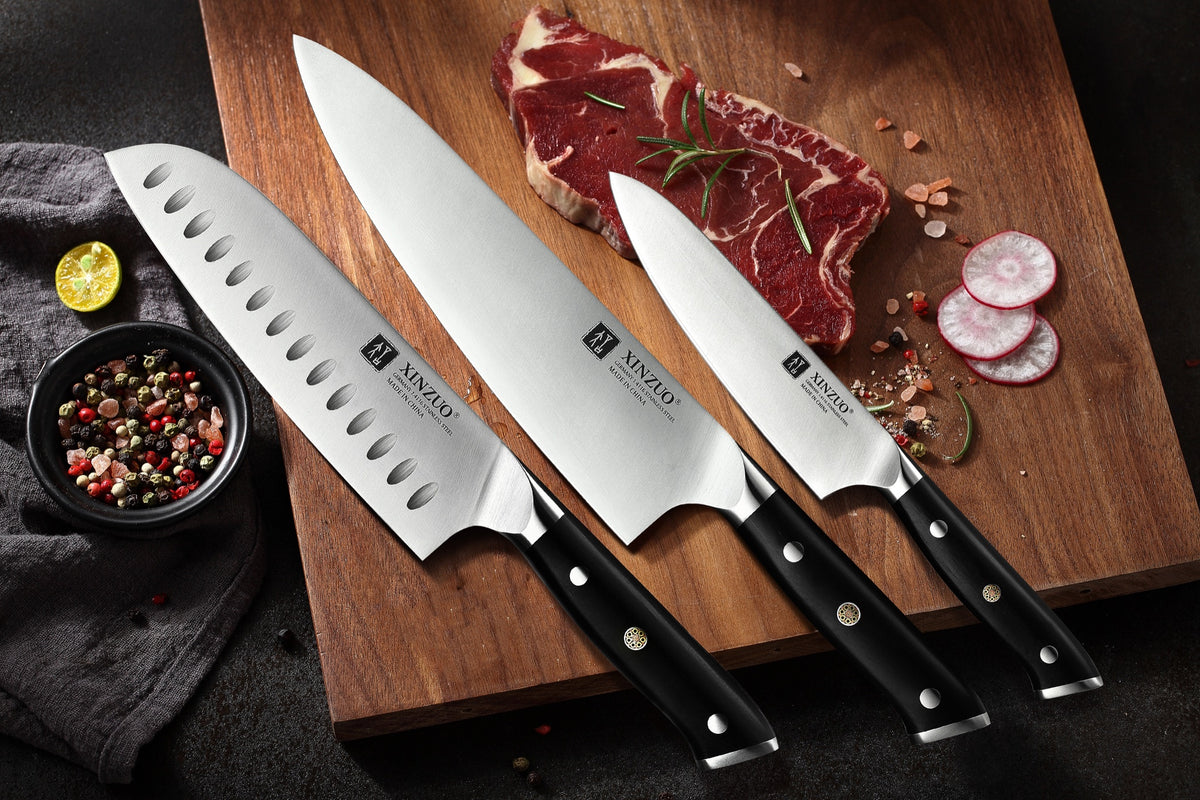 Set 3 cuchillos: Chef, Santoku y Utilitario · Yu Acero Alemán