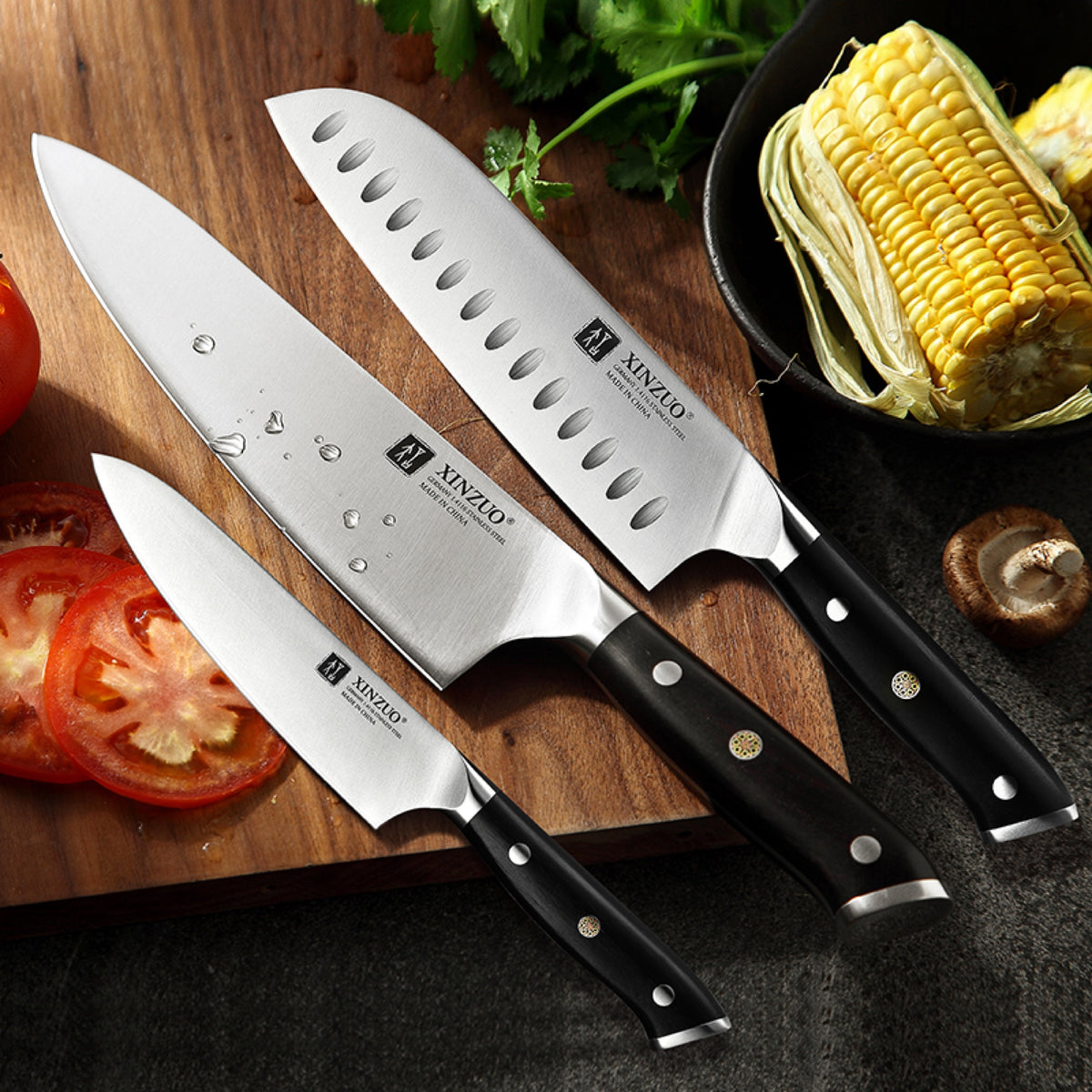 Set 3 cuchillos: Chef, Santoku y Utilitario · Yu Acero Alemán