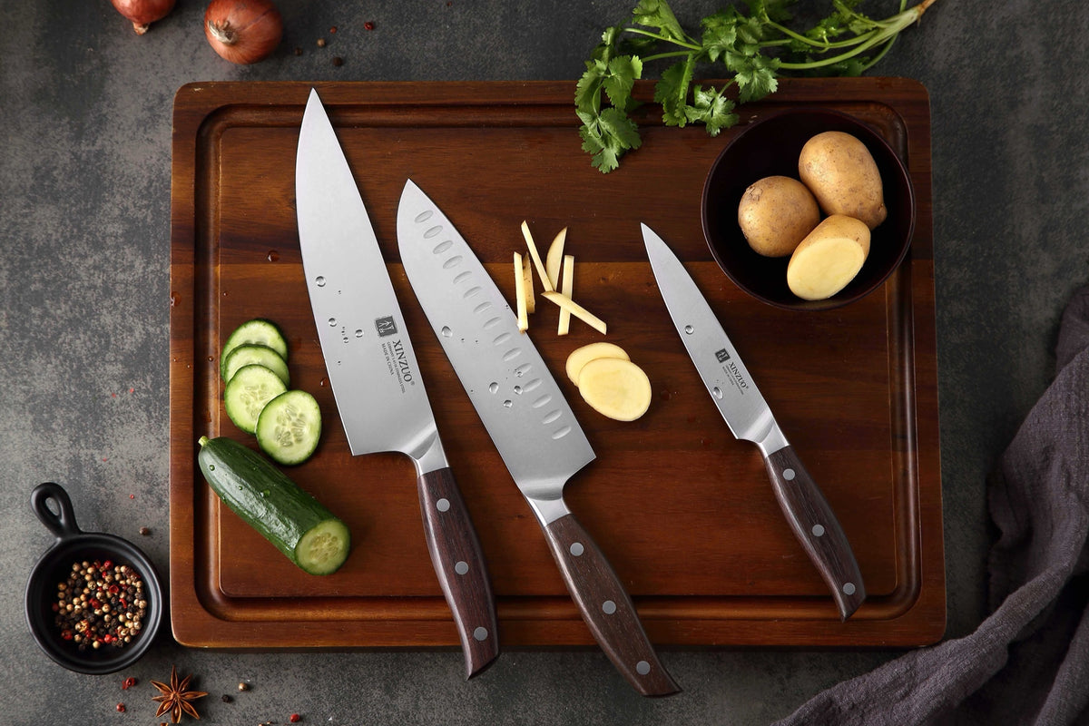 Set 3 cuchillos: Chef, Santoku y Utilitario · Zhi Acero Alemán